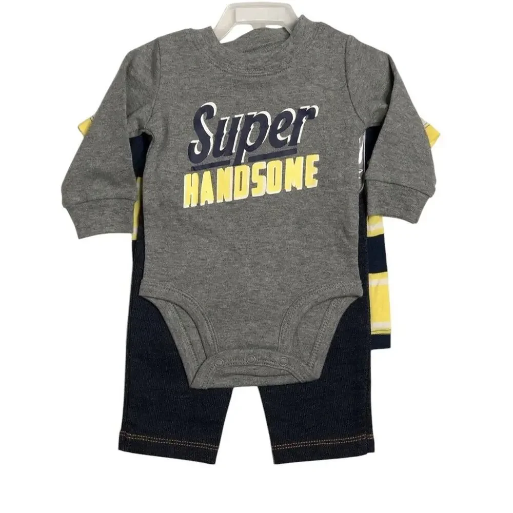Carters Baby Boy 3 Pc Outfit Short Long Sleeve Shirts Jeans Super Handsome 9 M‎
